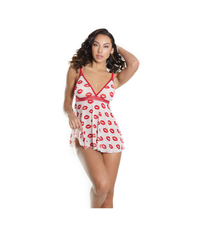 Lip Print Babydoll and Thong - One Size