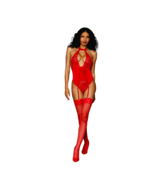 Dreamgirl Women's Stretch Lace and Stretch Velvet Garter Teddy - One Size - Red