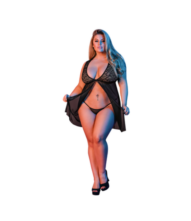 Babydoll with Open Back and G-String Set - 2X - Black
