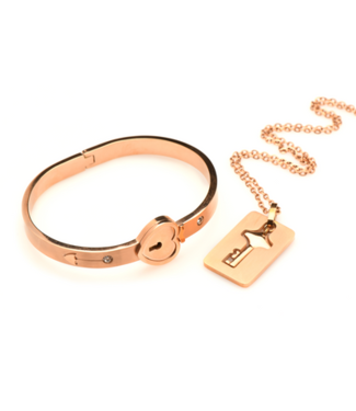 XR Brands Cuffed Locking Bracelet and Key Necklace - Rose Gold