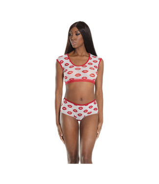 Coquette Crop Top and Shorts with Lip Print - One Size