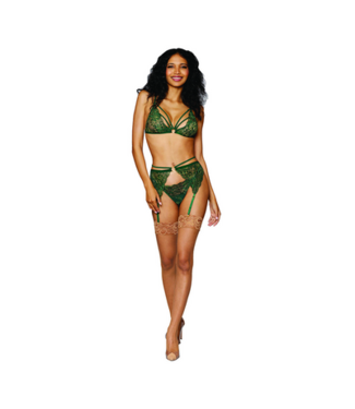 Dreamgirl Women's Metallic Corded Lace 3 Piece Set - One Size - Green