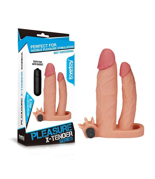 LoveToy - Pleasure X Tender Vibrating Double Penis Sleeve + 5 cm - Nude