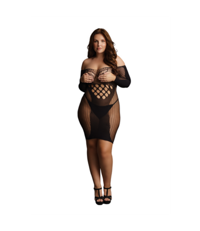 Contrast Net Long Sleeved Mini Dress - Plus Size