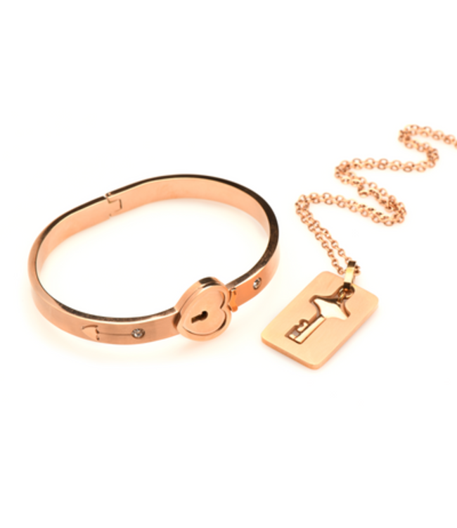 Cuffed Locking Bracelet and Key Necklace - Rose Gold