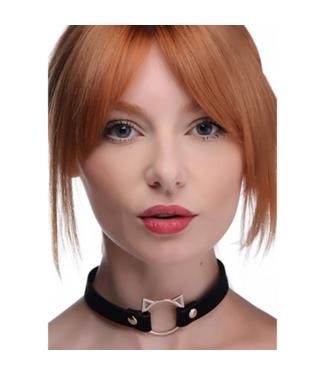 XR Brands Kinky Kitty Ring Slim Choker - PU Leather - Black