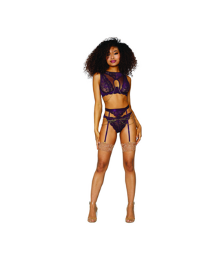 Dreamgirl Women's Lace and Mesh 3 Piece Set - XL - Aubergine