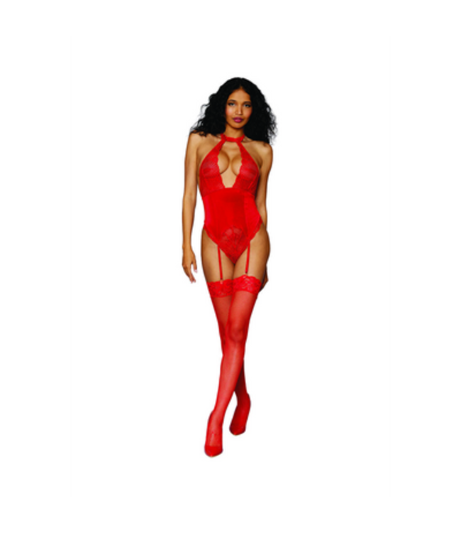 Women's Stretch Lace and Stretch Velvet Garter Teddy - One Size - Red