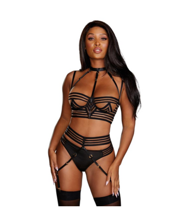 Sheer Striped Bra, Garter Belt and G-String Set - M - Black