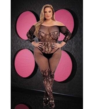 Lapdance LAPDANCE OFF-THE-SHOULDER LACE BODYSTOCKING BLACK, QUEEN