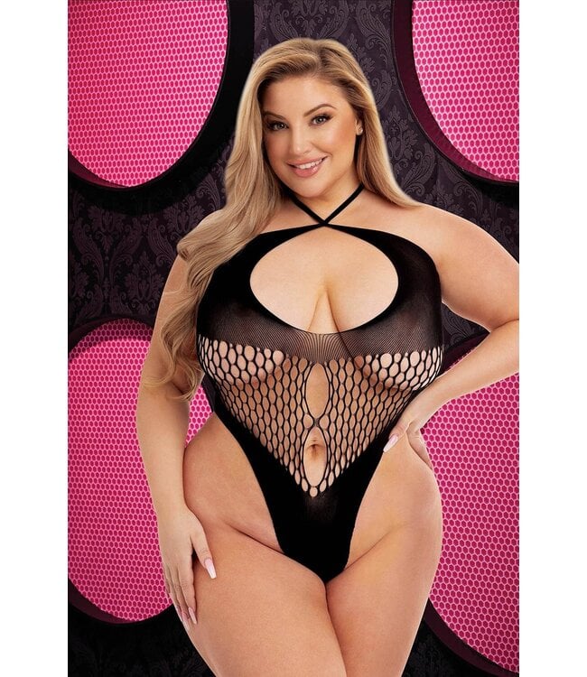 LAPDANCE FISHNET HALTER BODYSUIT BLACK, QUEEN