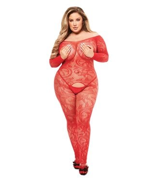 Baci Lingerie BACI LONGSLEEVE CROTCHLESS BODYSTOCKING RED, QUEEN