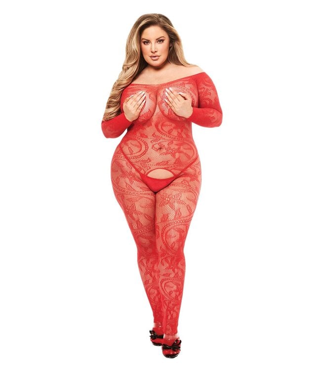 BACI LONGSLEEVE CROTCHLESS BODYSTOCKING RED, QUEEN