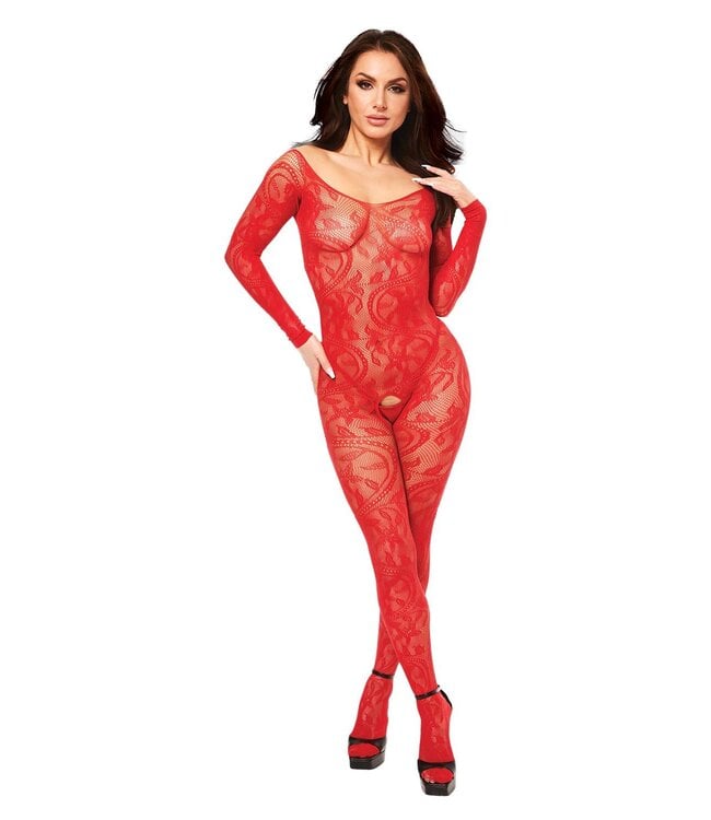 BACI LONGSLEEVE CROTCHLESS BODYSTOCKING RED, OS