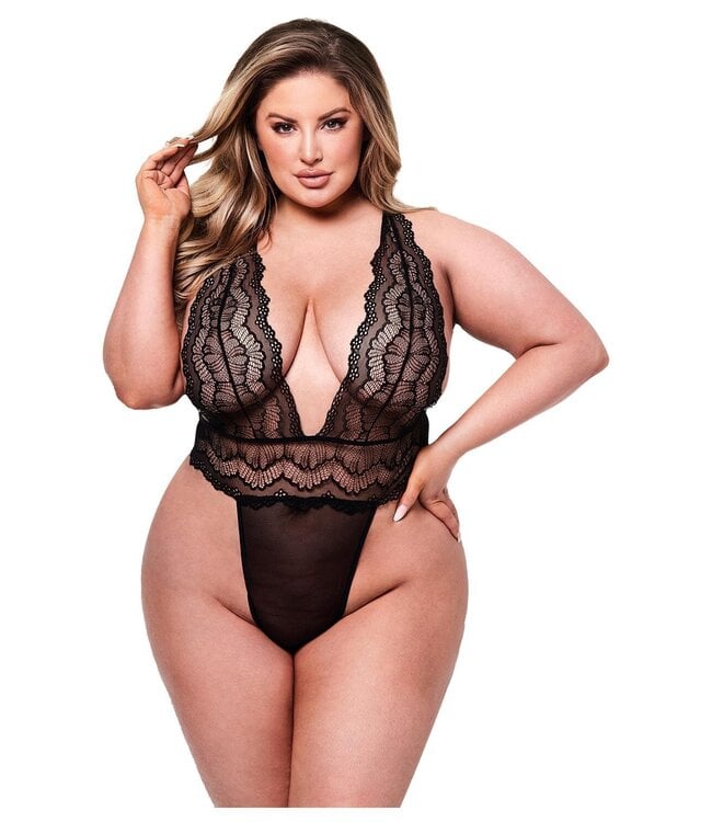 BACI SEXY DEEP V LACE TEDDY BLACK, QUEEN