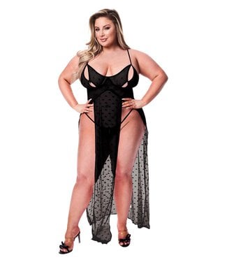 Baci Lingerie BACI 2PC MESH GOWN & G-STRING SET BLACK, QUEEN