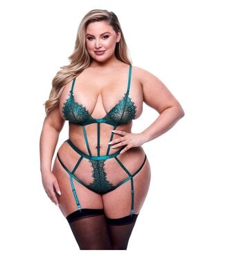 Baci Lingerie SEXY STRAPPY LACE TEDDY WITH GARTERS GREEN, QUEEN