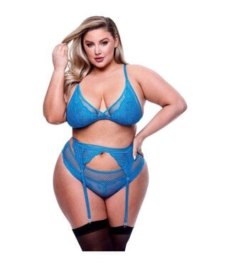 Baci Lingerie 3PC LACE & MESH BRA, GARTER & PANTY SET BLUE, QUEEN