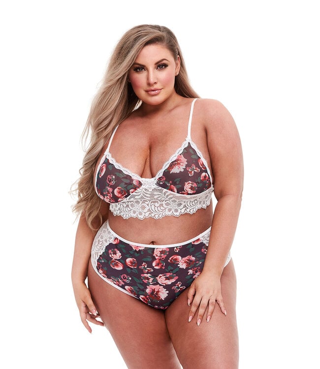 GREY FLORAL & LACE BRA SET, XL