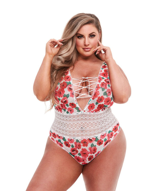 WHITE FLORAL & LACE TEDDY, XL