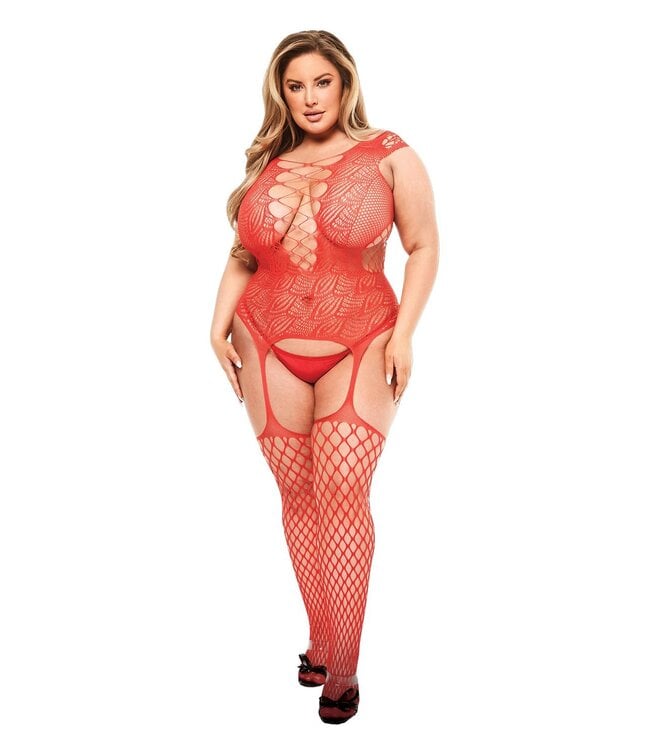 BACI CORSET FRONT SUSPENDER FISHNET BODYSUIT RED, QUEEN