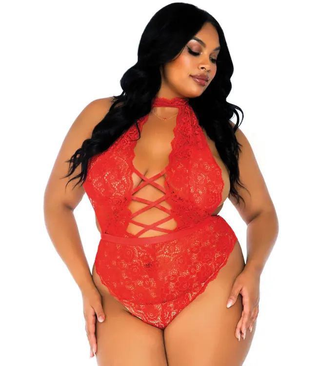 Plus High Neck Crotchless Teddy