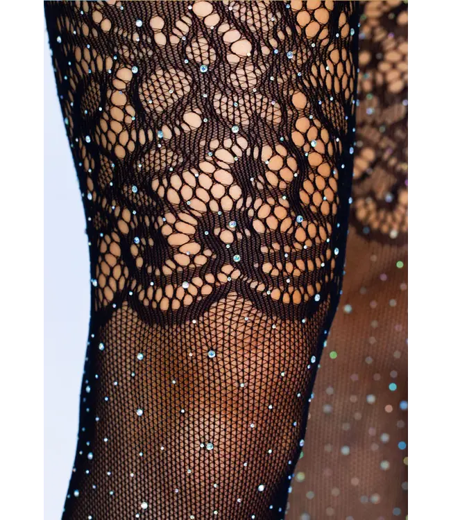 Rhinestone Fishnet Stockings with Lace Top