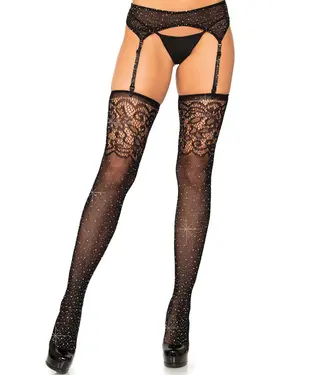 Leg Avenue Rhinestone Fishnet Stockings with Lace Top