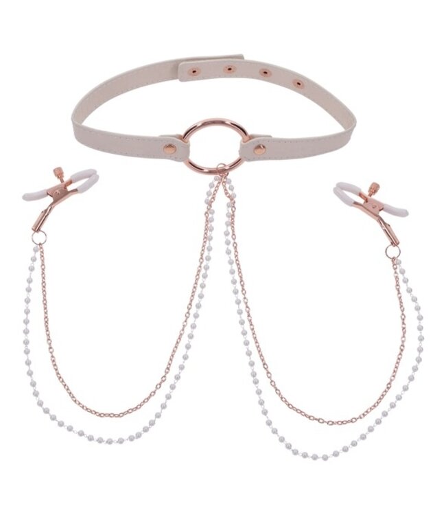Sportsheets - S&M Peaches ‘n CreaMe Collar with Nipple Clamps Cream