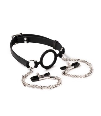 Rimba Rimba Latex Play - Mondknevel met O-ring en tepelklemmen - Zwart