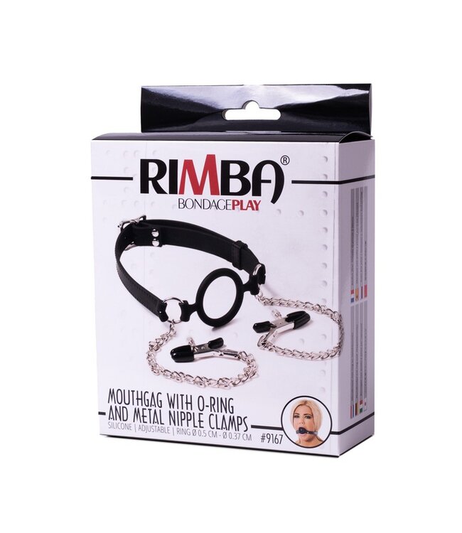Rimba Latex Play - Mondknevel met O-ring en tepelklemmen - Zwart