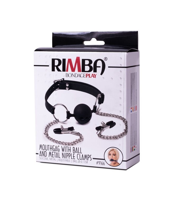 Rimba Latex Play - Mondknevel met bal en tepelklemmen - Zwart