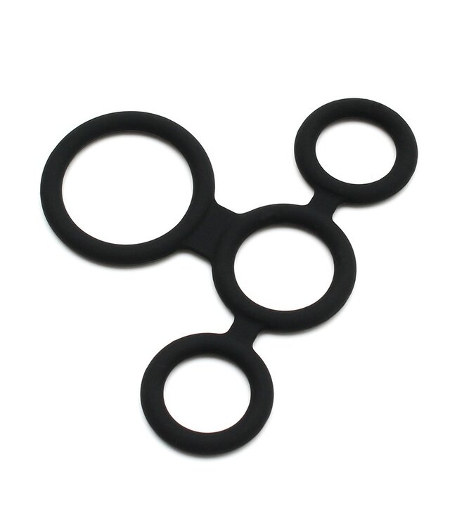 Rimba Latex Play - Quatro Cock Ring en Ball Splitter - Zwart