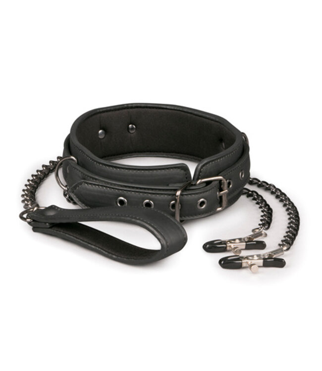 Kunstleren halsband met tepelklemmen