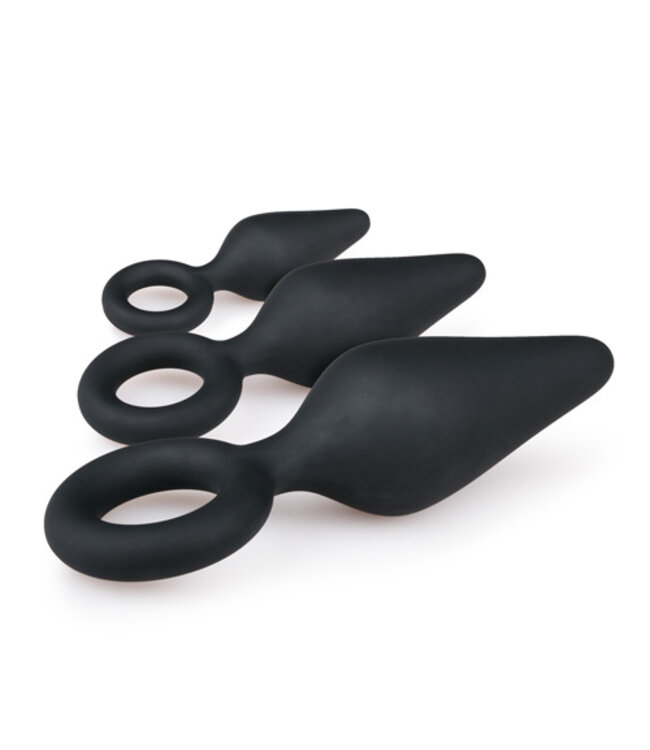Zwarte buttplugs met trekring - setje
