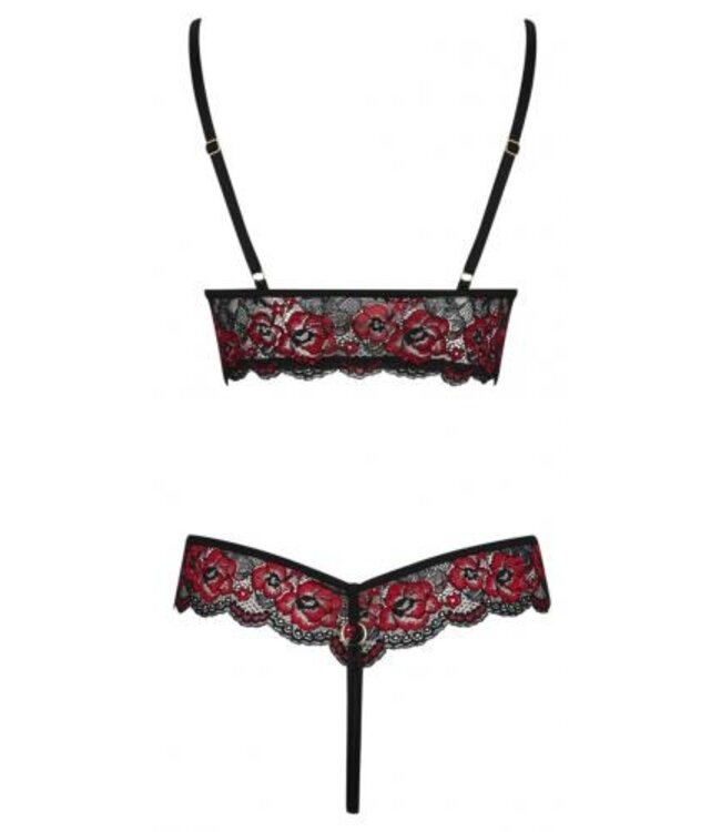 Kanten Stringbody Met Open Kruisje - Zwart/Rood