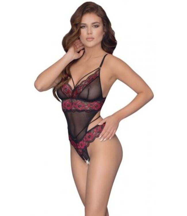 Kanten Stringbody Met Open Kruisje - Zwart/Rood