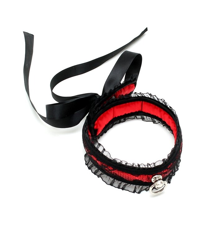 Rimba Bondage Play - Satijn Look Kraag - One Size - Zwart / Rood