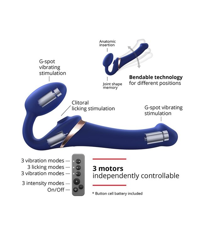Strap-On-Me - Multi Orgasm - Strap-On Vibrator met Lik Stimulator Maat XL - Blauw