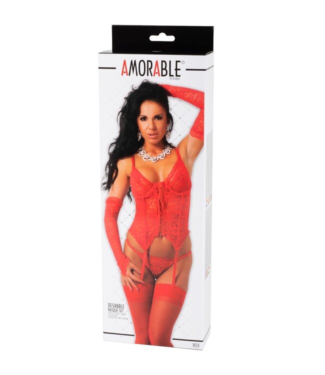 Amorable by Rimba - Corset met G-string, Handschoenen en Kousen - Rood