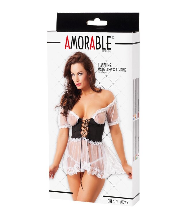 Amorable by Rimba - Serveerster Jurk en slip - One Size - Zwart / Wit