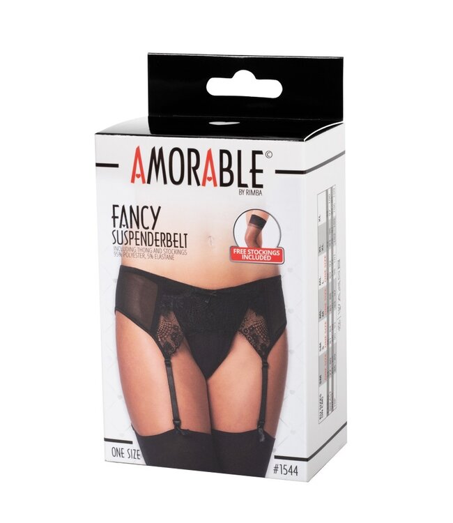 Amorable by Rimba - Jarretel met G-string en Kousen - One Size - Zwart