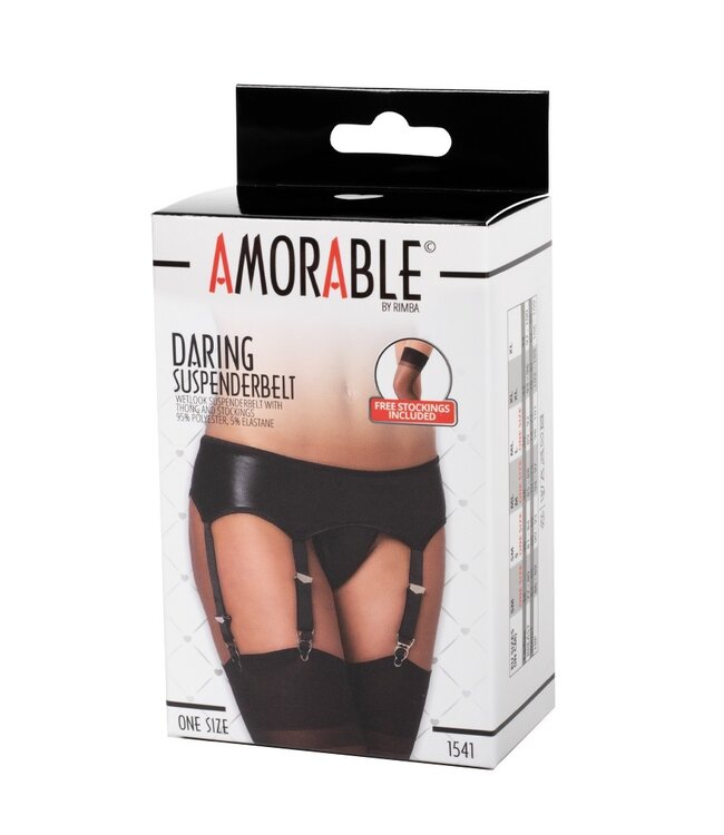 Amorable by Rimba - Wetlook Jarretel met Slip en Kousen - One Size - Zwart