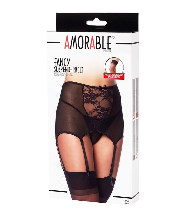 Amorable by Rimba - Jarretel met G-string en Kousen - Zwart