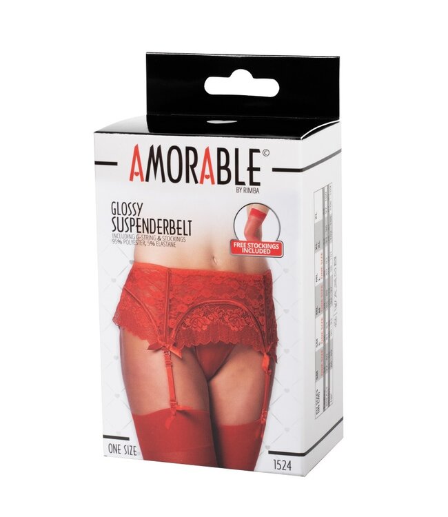 Amorable by Rimba - Jarretelgordel met G-string en Kousen - One Size - Rood