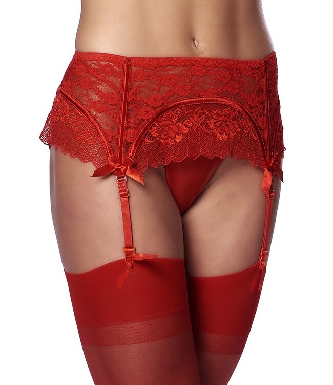 Amorable by Rimba - Jarretelgordel met G-string en Kousen - One Size - Rood