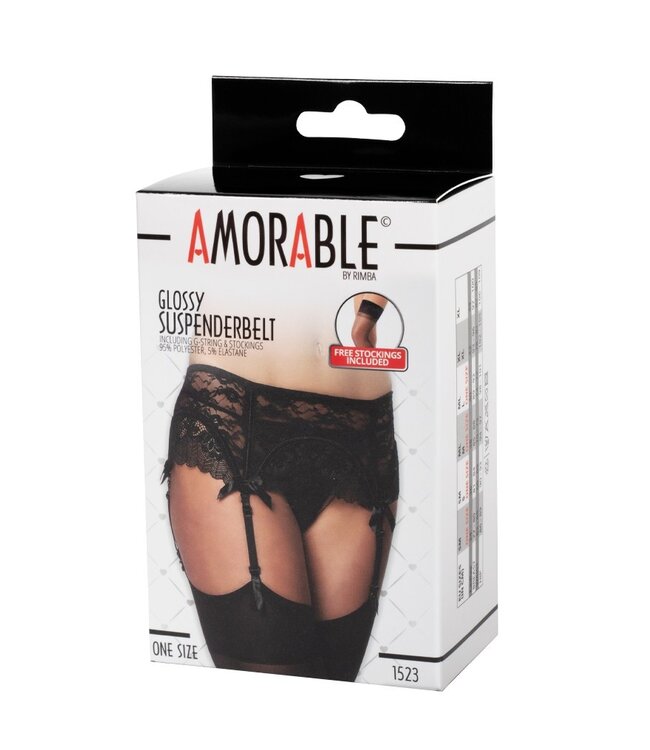 Amorable by Rimba - Jarretelgordel met G-string en Kousen - One Size - Zwart