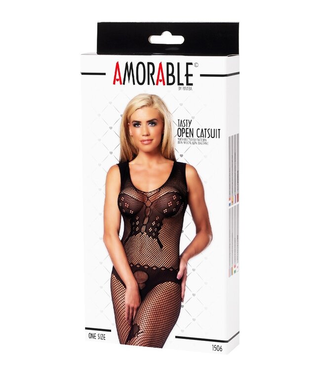 Amorable by Rimba - Open Catsuit met vlinderpatroon - One Size - Zwart