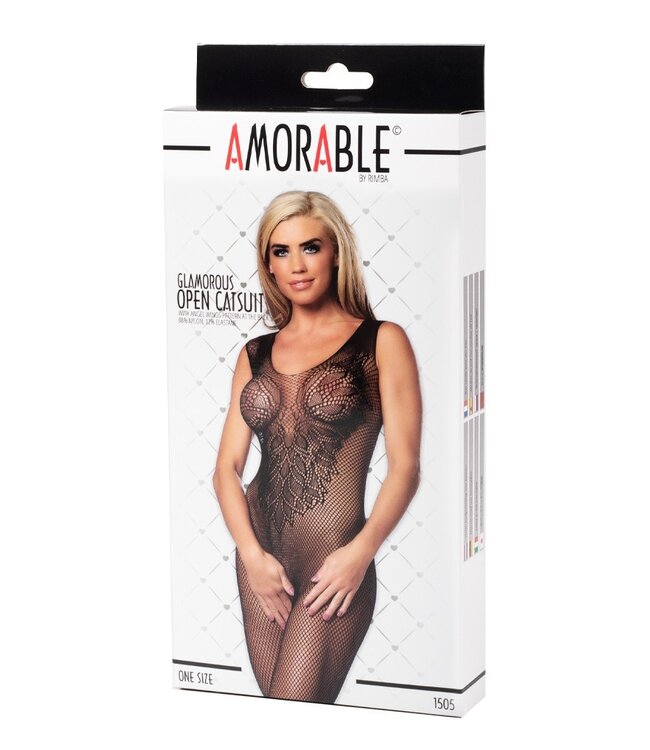 Amorable by Rimba - Open Catsuit met patroon van engelenvleugels - One Size - Zwart