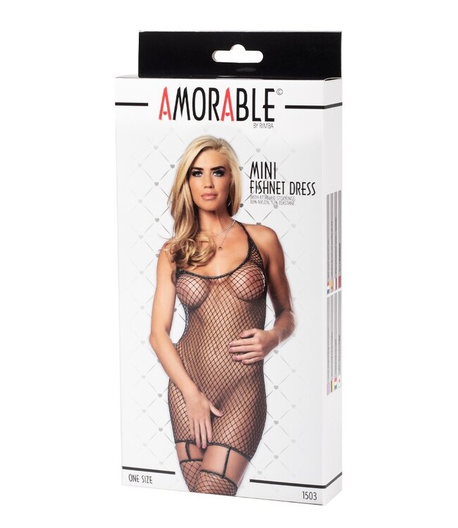 Amorable by Rimba - Visnet Jurk met Kousen - One Size - Zwart / Zilver